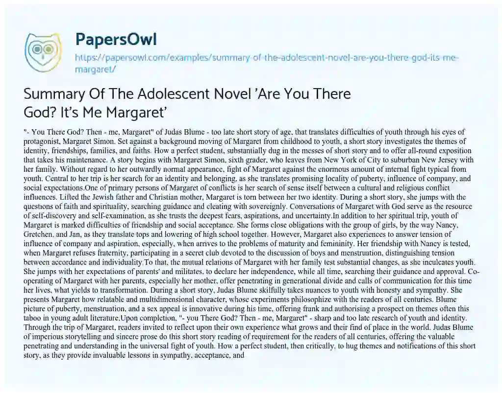 Essay on Summary of the Adolescent Novel ‘Are you there God? it’s me Margaret’