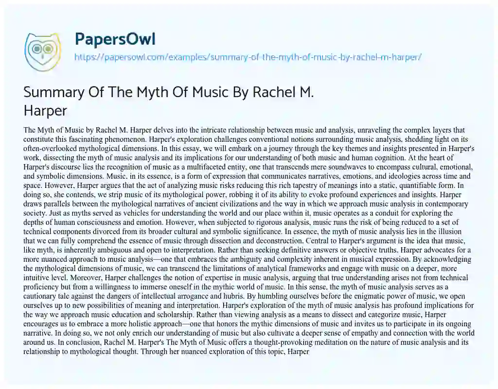 Essay on Summary of the Myth of Music by Rachel M. Harper