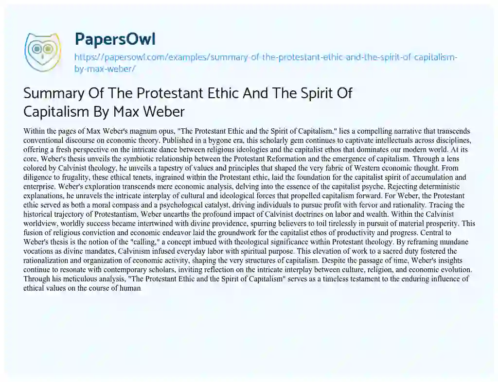 Essay on Summary of the Protestant Ethic and the Spirit of Capitalism by Max Weber