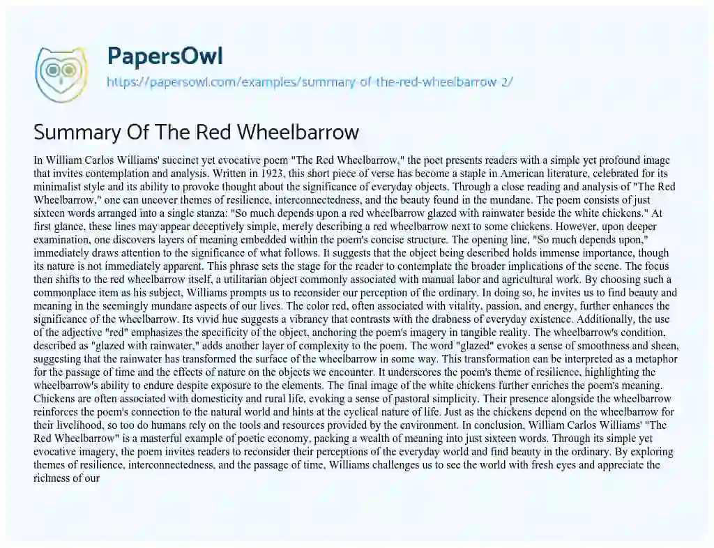 Essay on Summary of the Red Wheelbarrow