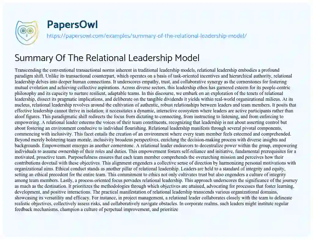 Essay on Summary of the Relational Leadership Model