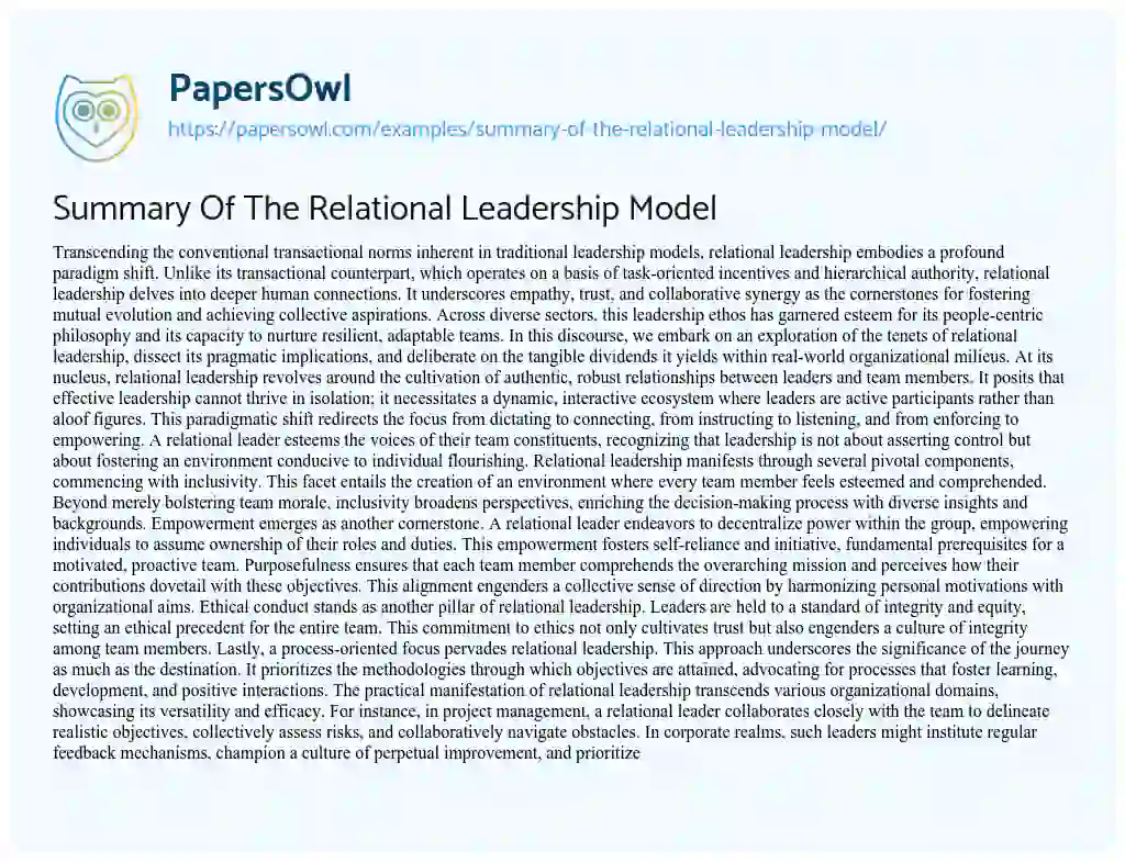 Summary Of The Relational Leadership Model - Free Essay Example - 590 ...