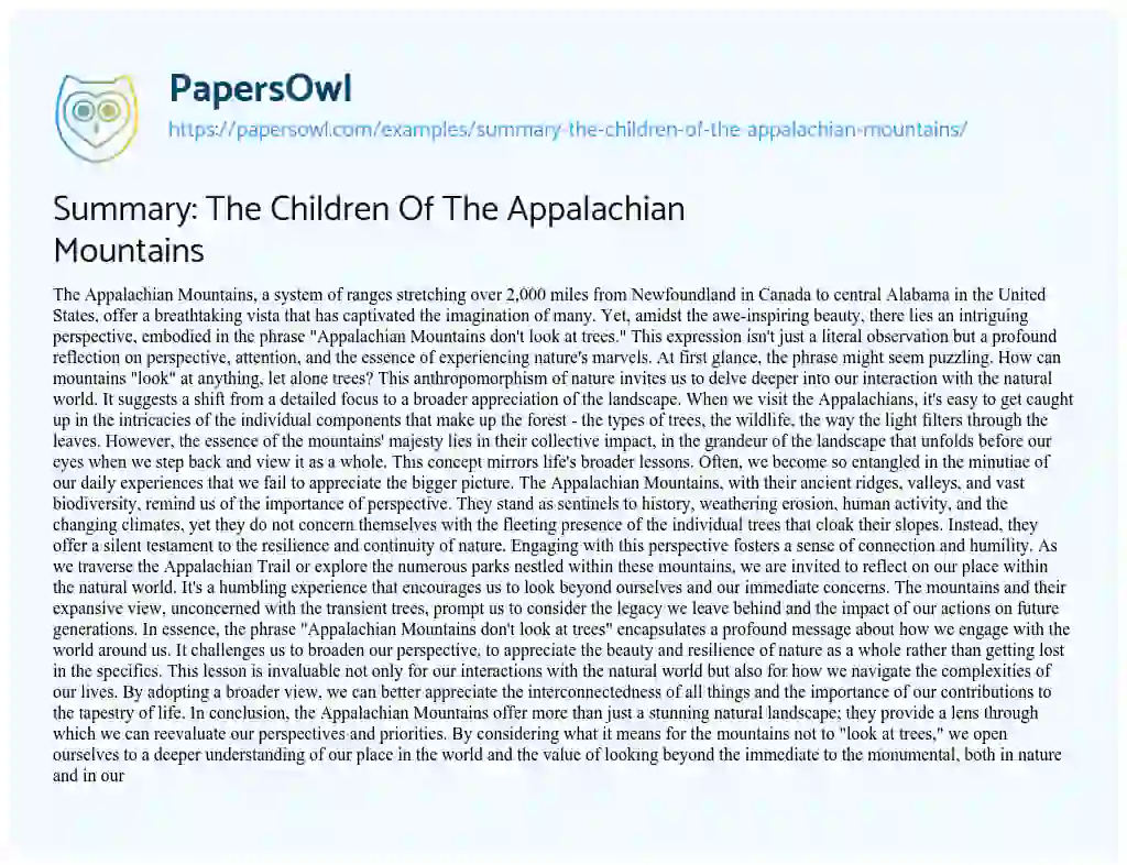 Essay on Summary: the Children of the Appalachian Mountains