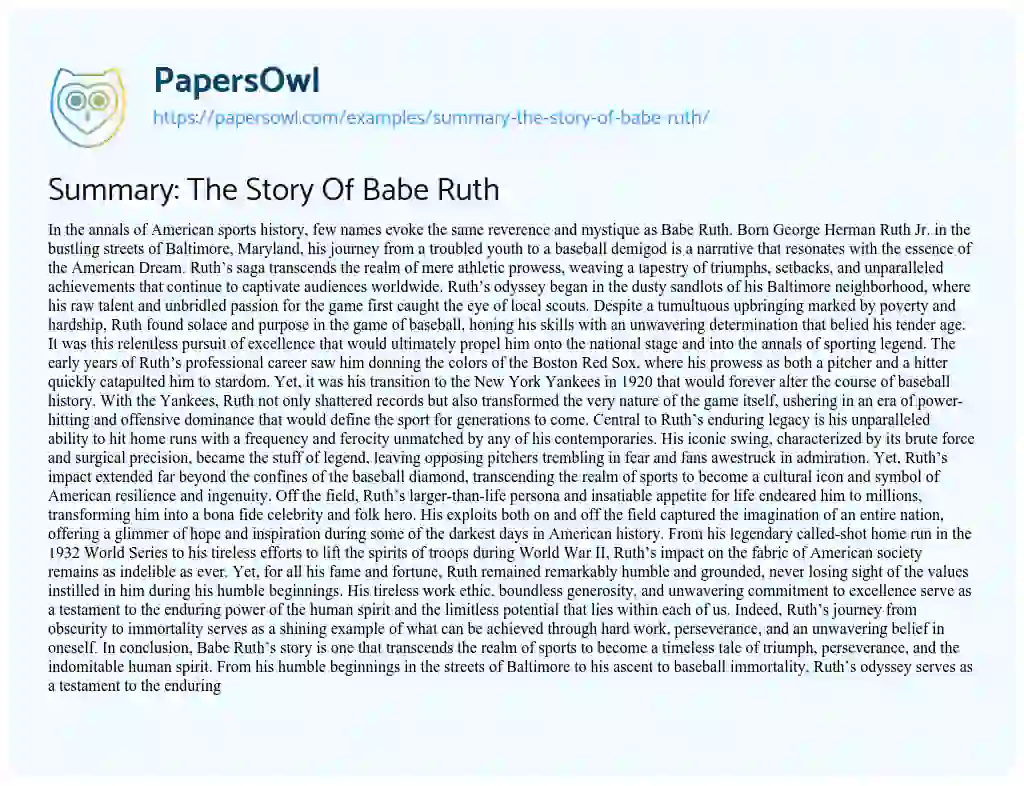 Essay on Summary: The Story Of Babe Ruth