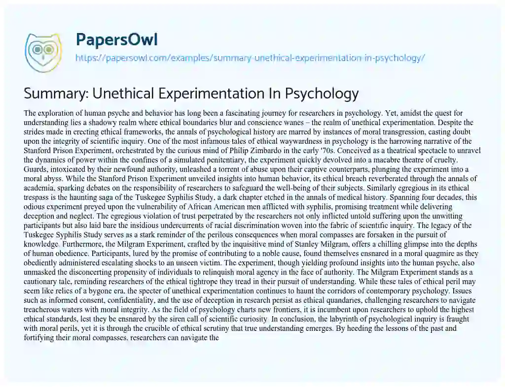 Essay on Summary: Unethical Experimentation in Psychology