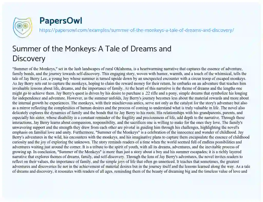 Essay on Summer of the Monkeys: a Tale of Dreams and Discovery