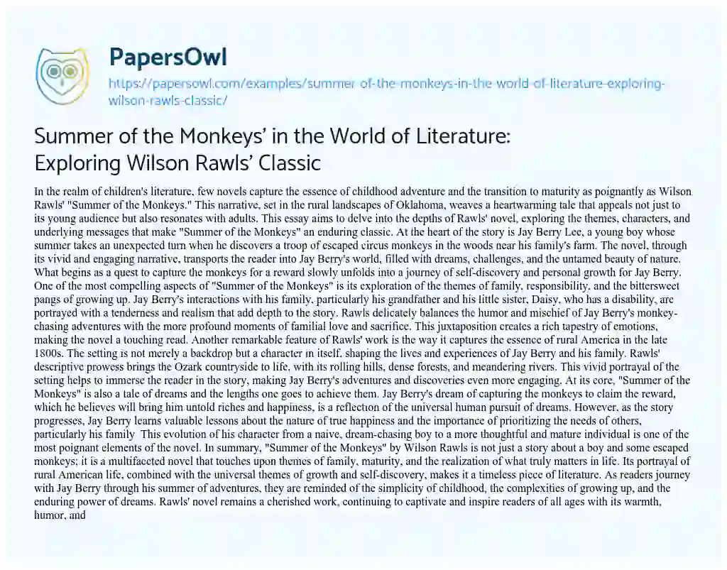 Essay on Summer of the Monkeys’ in the World of Literature: Exploring Wilson Rawls’ Classic