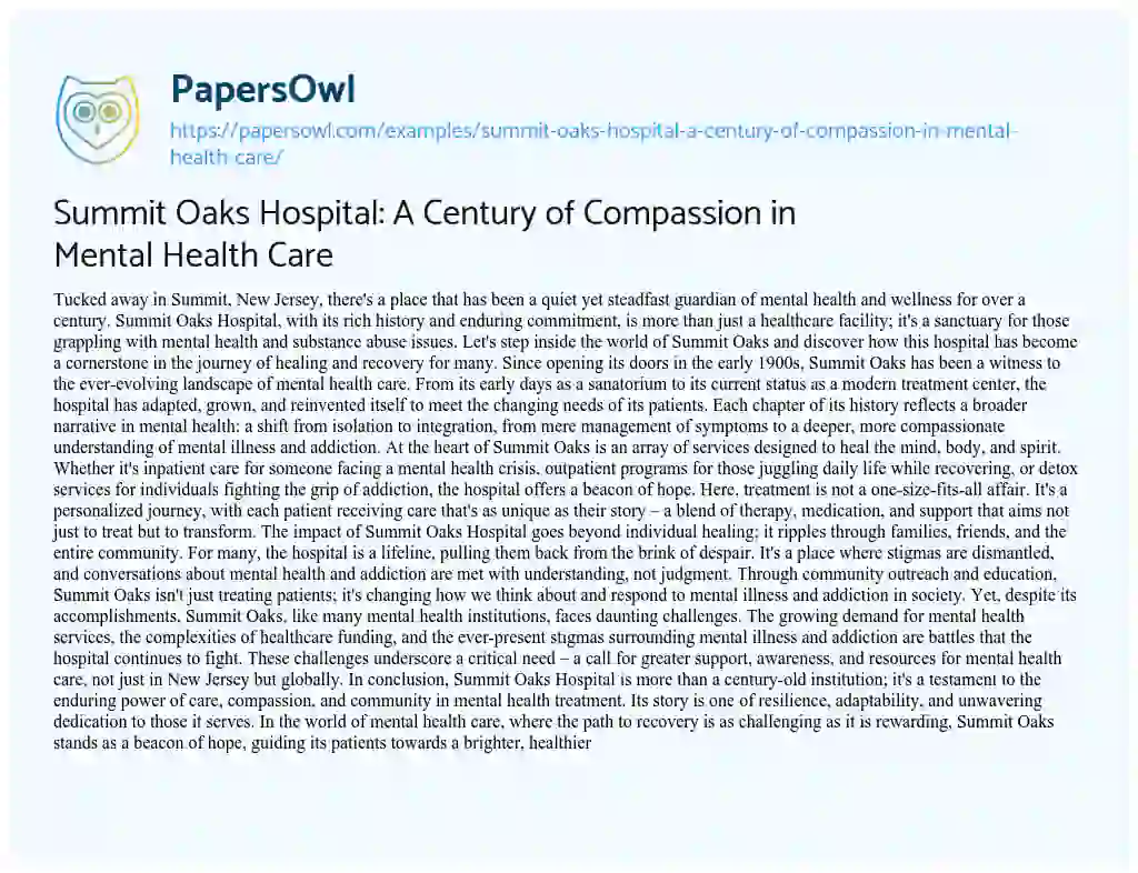 Essay on Summit Oaks Hospital: a Century of Compassion in Mental Health Care