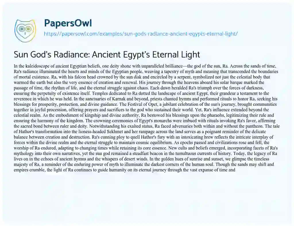 Essay on Sun God’s Radiance: Ancient Egypt’s Eternal Light