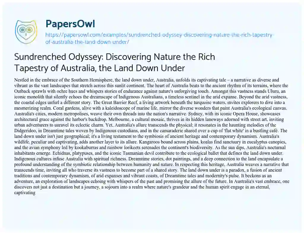 Essay on Sundrenched Odyssey: Discovering Nature the Rich Tapestry of Australia, the Land down under