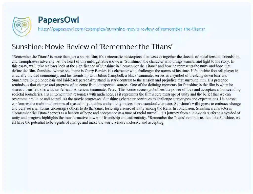Essay on Sunshine: Movie Review of ‘Remember the Titans’