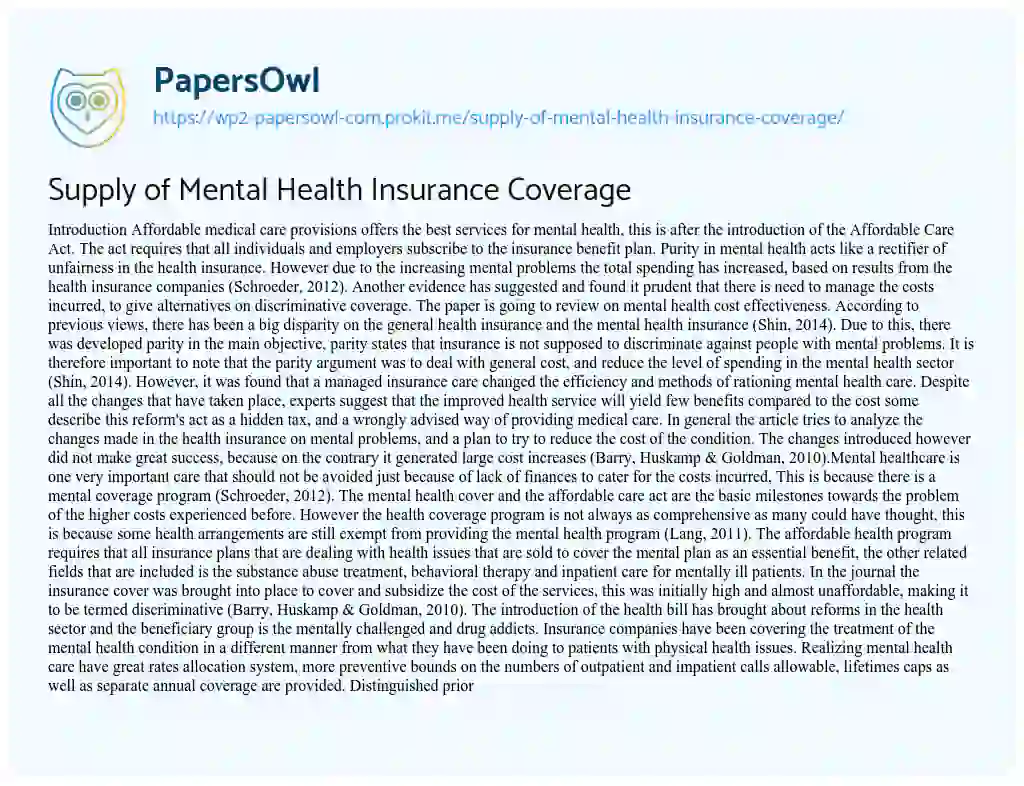 Supply of Mental Health Insurance Coverage essay