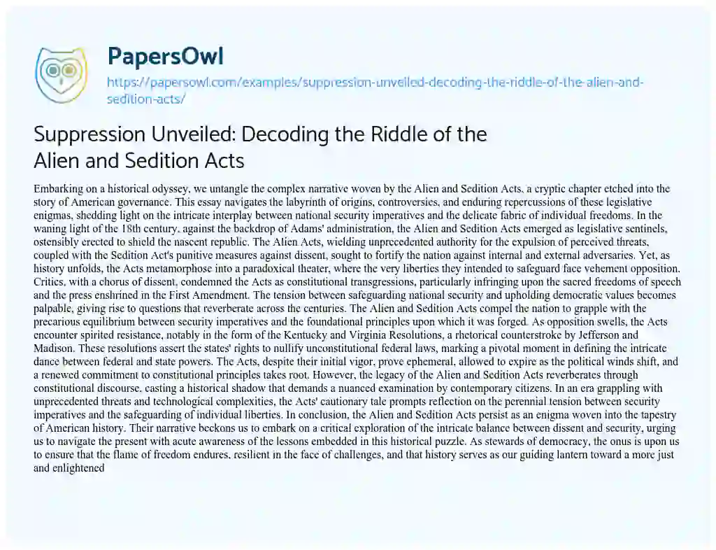 Essay on Suppression Unveiled: Decoding the Riddle of the Alien and Sedition Acts