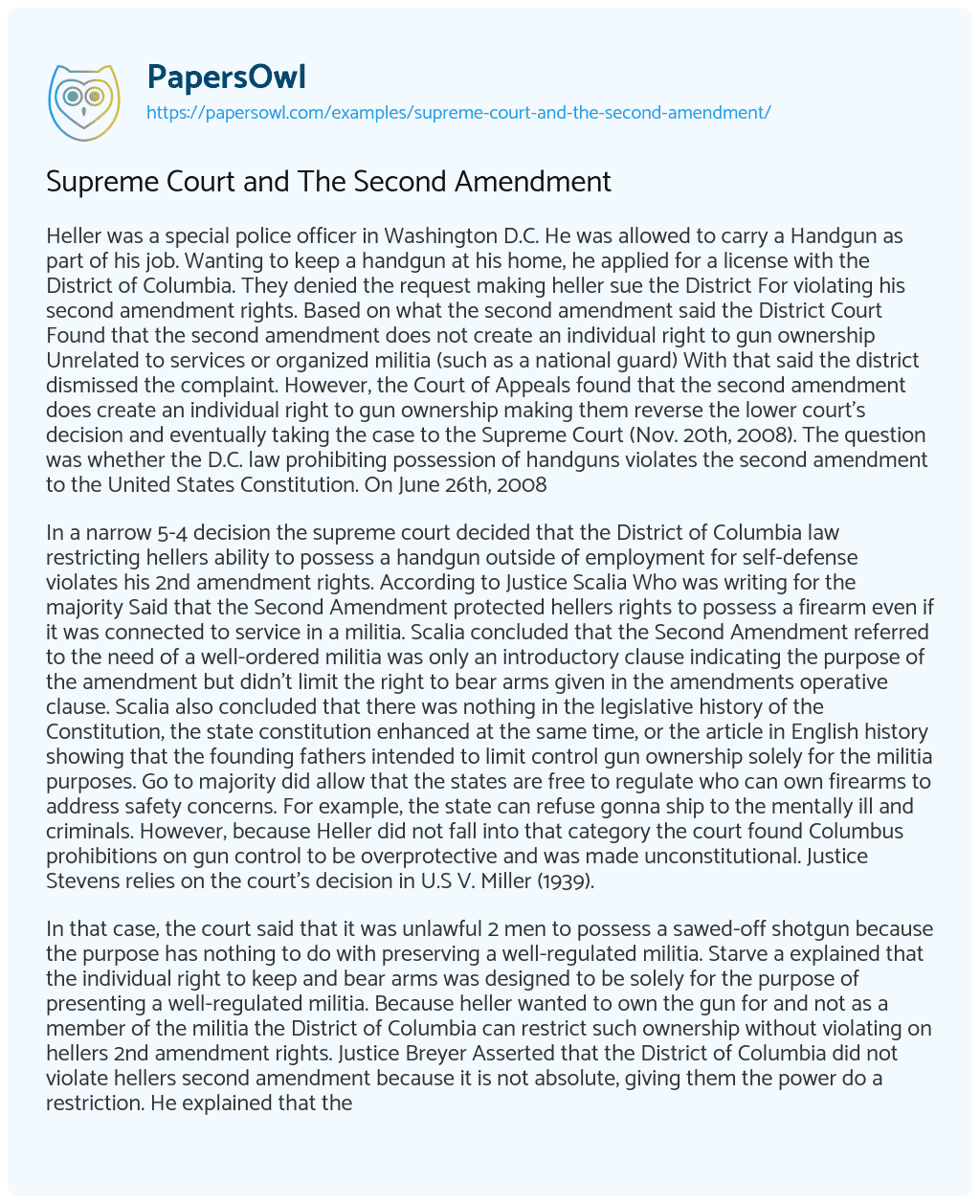 Essay on Supreme Court and the Second Amendment