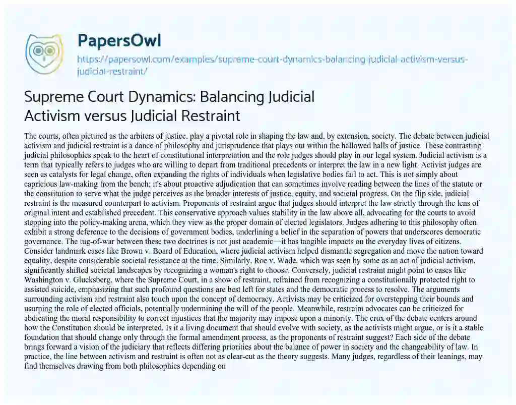 Essay on Supreme Court Dynamics: Balancing Judicial Activism Versus Judicial Restraint