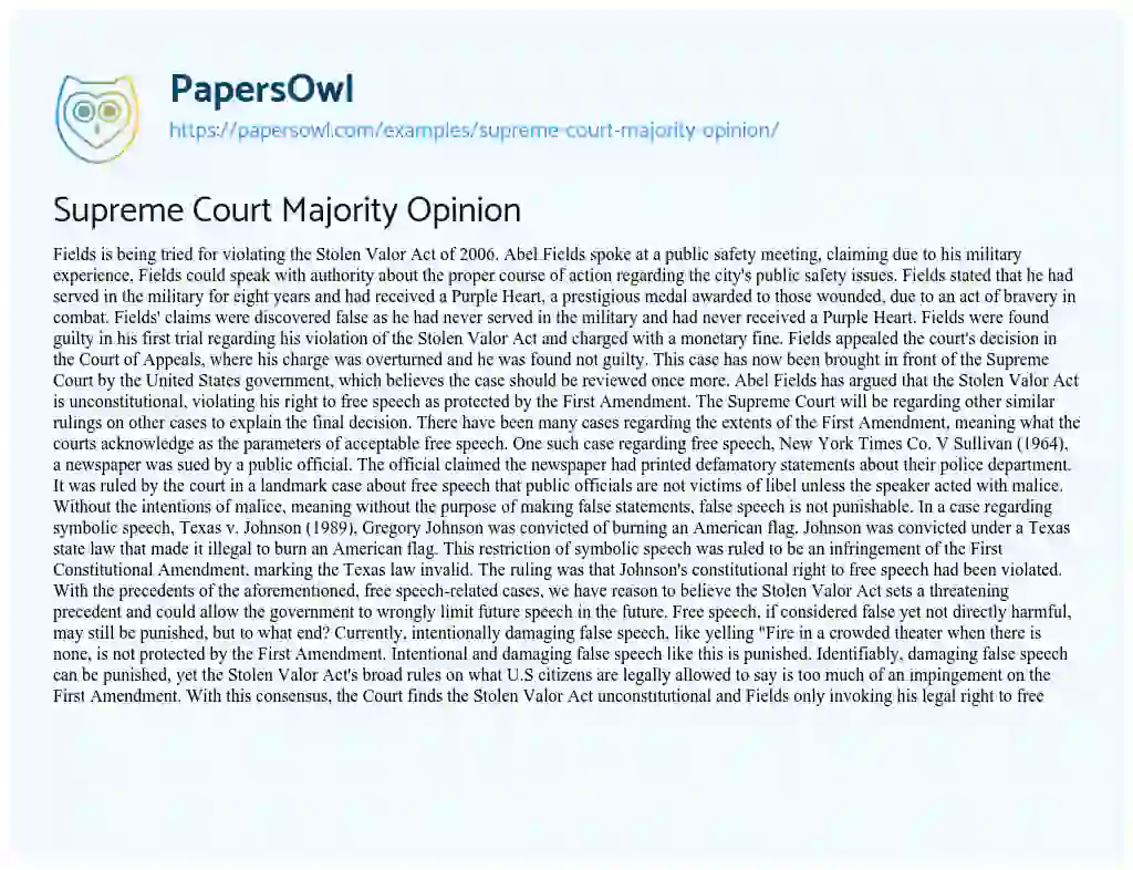 Essay on Supreme Court Majority Opinion