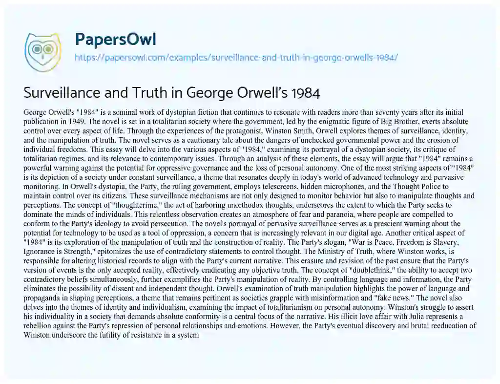 Essay on Surveillance and Truth in George Orwell’s 1984