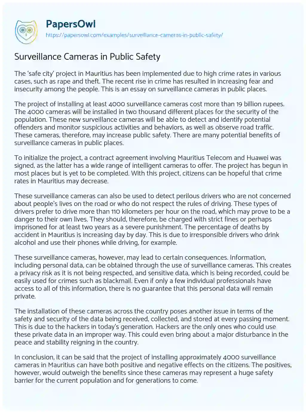 Essay on Surveillance Cameras in Public Safety