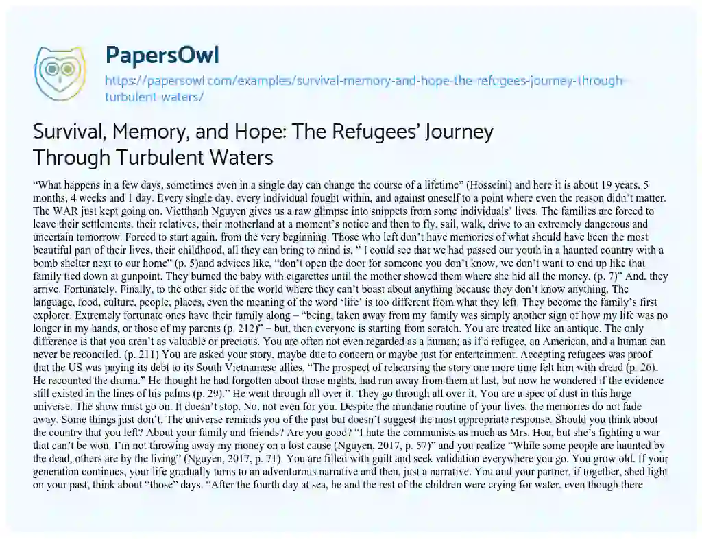 Essay on Survival, Memory, and Hope: the Refugees’ Journey through Turbulent Waters