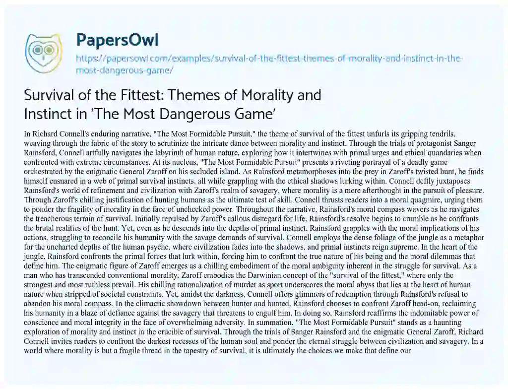 Essay on Survival of the Fittest: Themes of Morality and Instinct in ‘The most Dangerous Game’