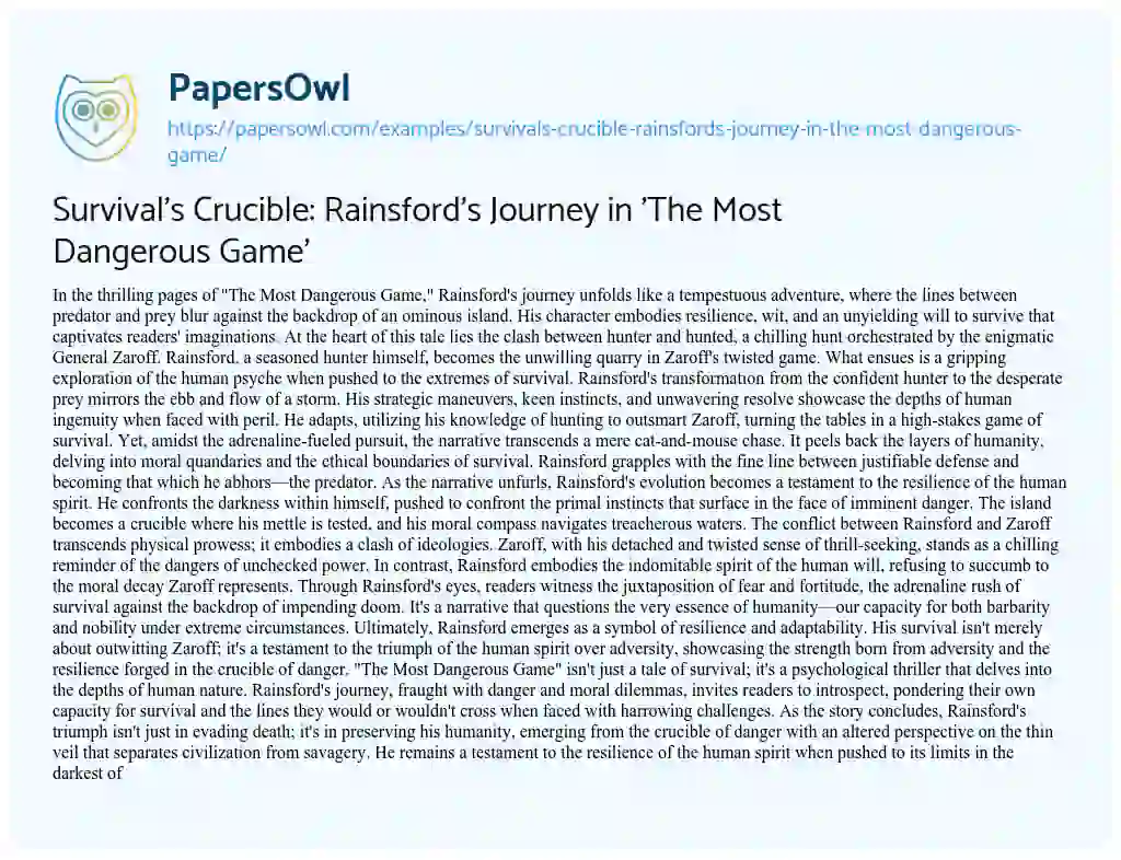 Essay on Survival’s Crucible: Rainsford’s Journey in ‘The most Dangerous Game’