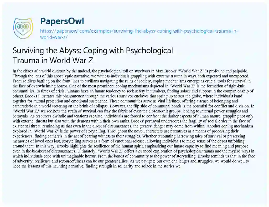 Essay on Surviving the Abyss: Coping with Psychological Trauma in World War Z