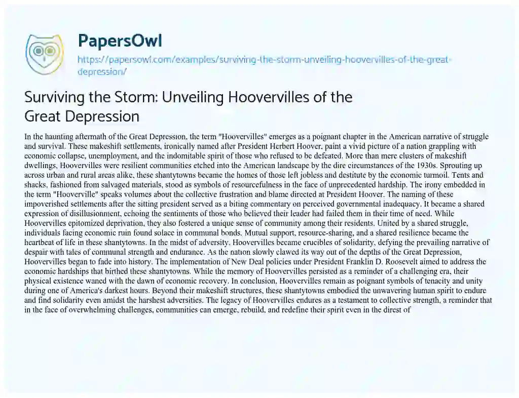 Essay on Surviving the Storm: Unveiling Hoovervilles of the Great Depression