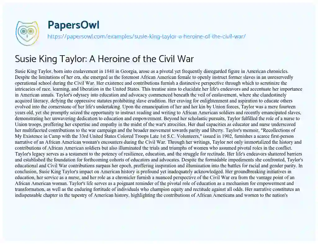 Essay on Susie King Taylor: a Heroine of the Civil War