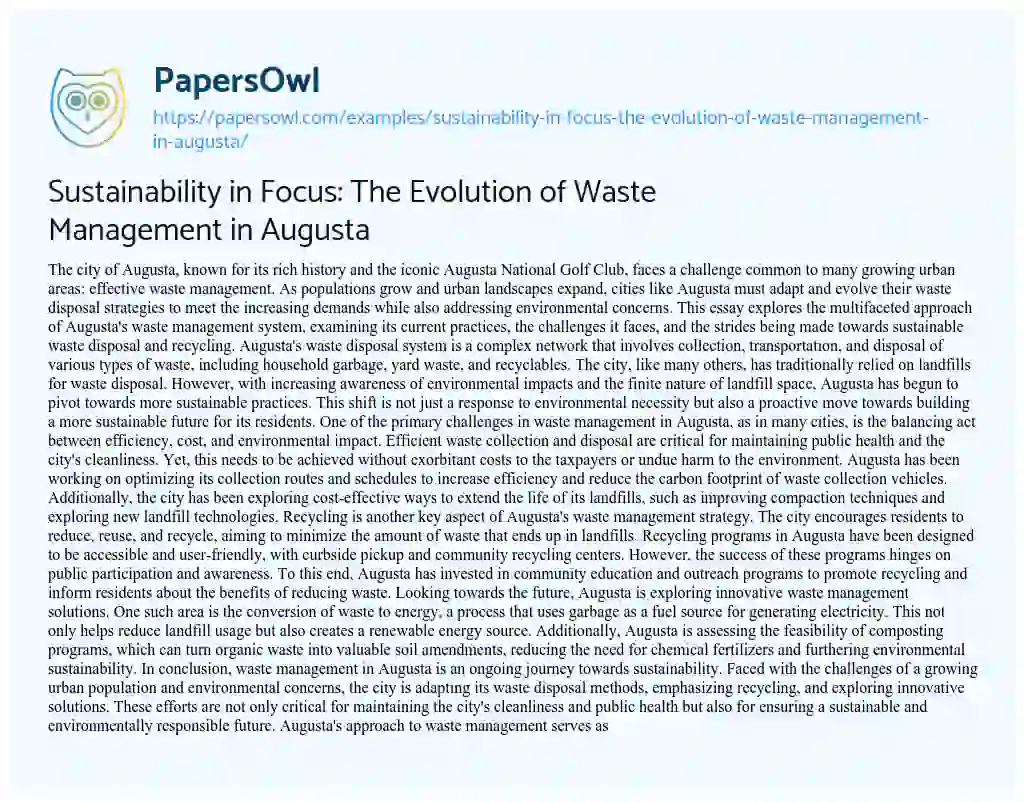 Essay on Sustainability in Focus: the Evolution of Waste Management in Augusta