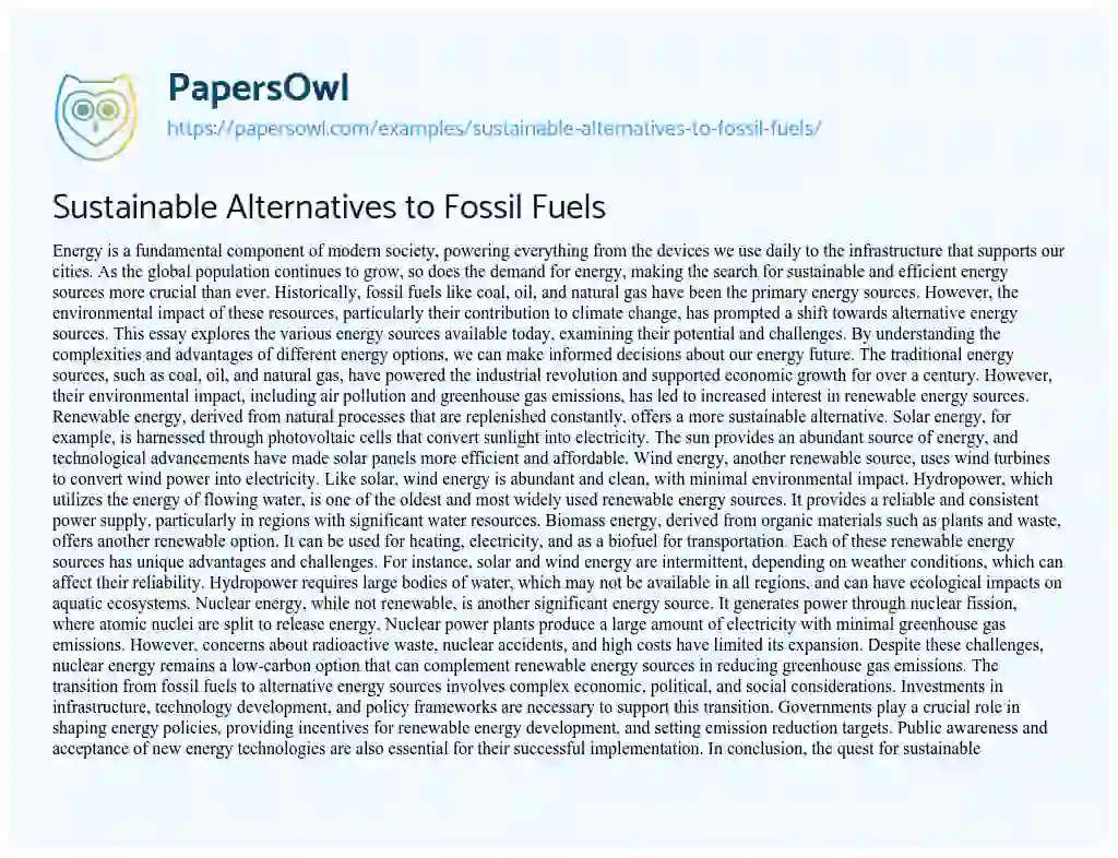 Essay on Sustainable Alternatives to Fossil Fuels