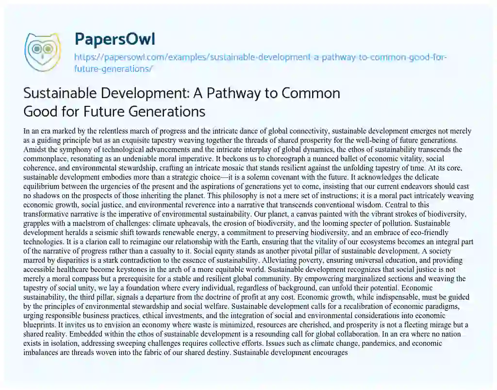 Essay on Sustainable Development: a Pathway to Common Good for Future Generations