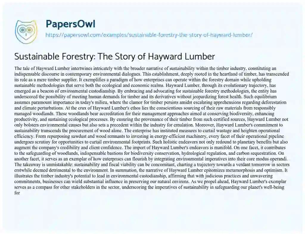 Essay on Sustainable Forestry: the Story of Hayward Lumber