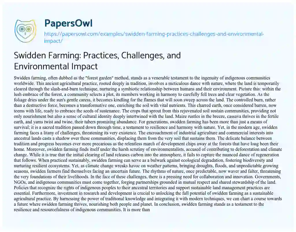 Essay on Swidden Farming: Practices, Challenges, and Environmental Impact