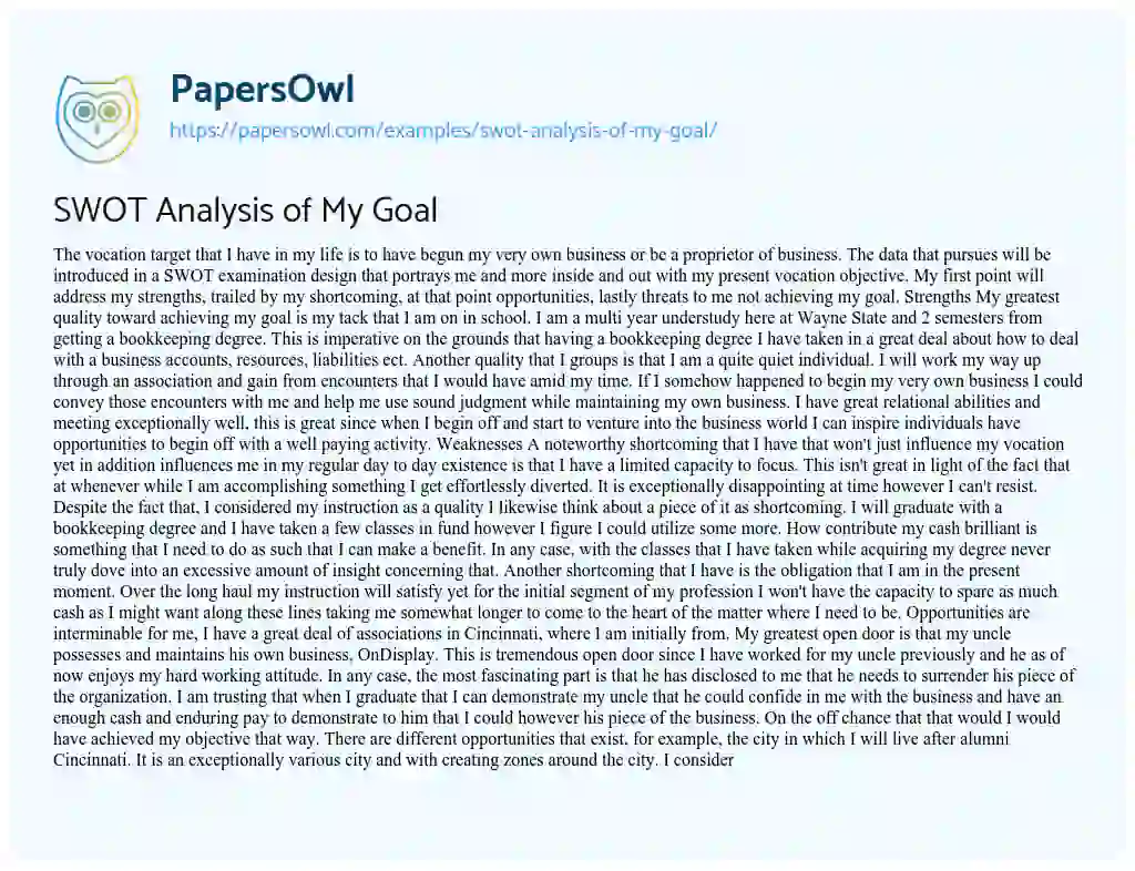 Essay on SWOT Analysis of my Goal