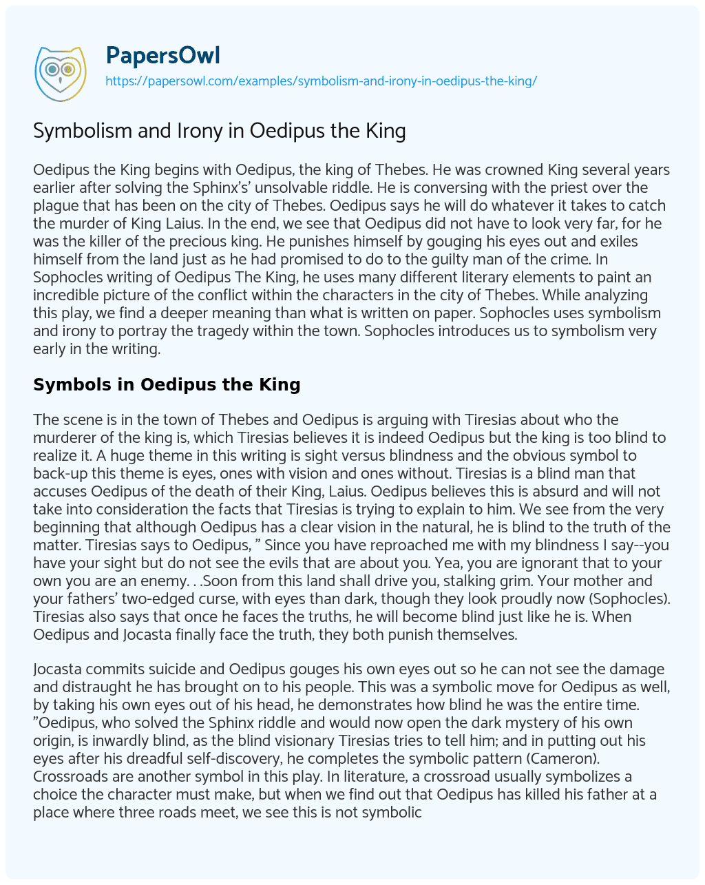 Symbolism and Irony in Oedipus the King Symbolism and Irony in Oedipus the King essay