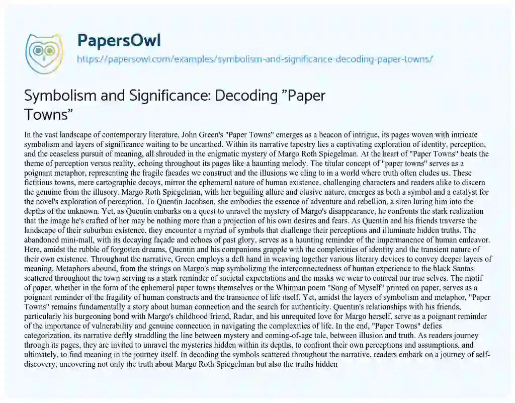 Essay on Symbolism and Significance: Decoding “Paper Towns”