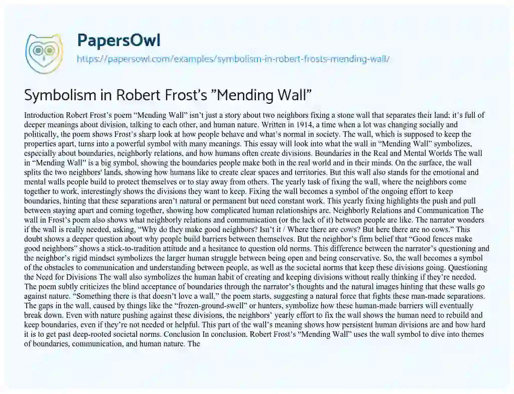 Essay on Symbolism in Robert Frost’s “Mending Wall”