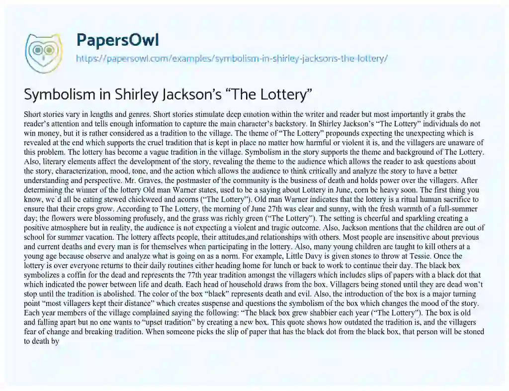 Essay on Symbolism in Shirley Jackson’s “The Lottery”