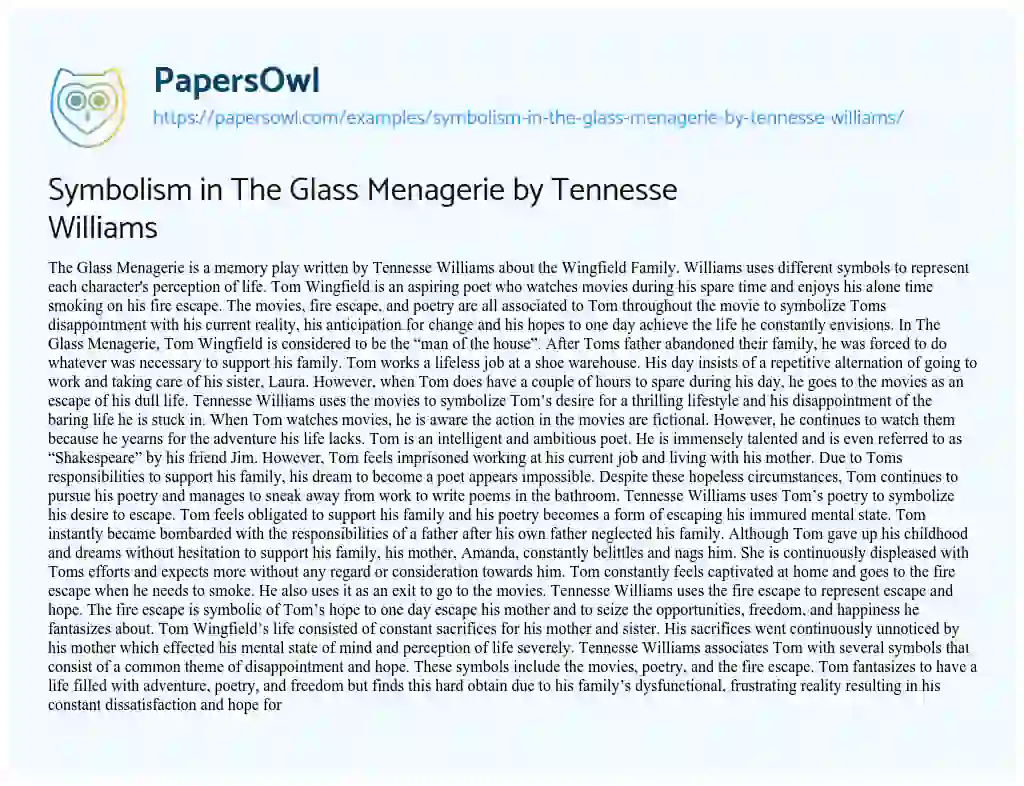Symbolism in the Glass Menagerie by Tennesse Williams essay