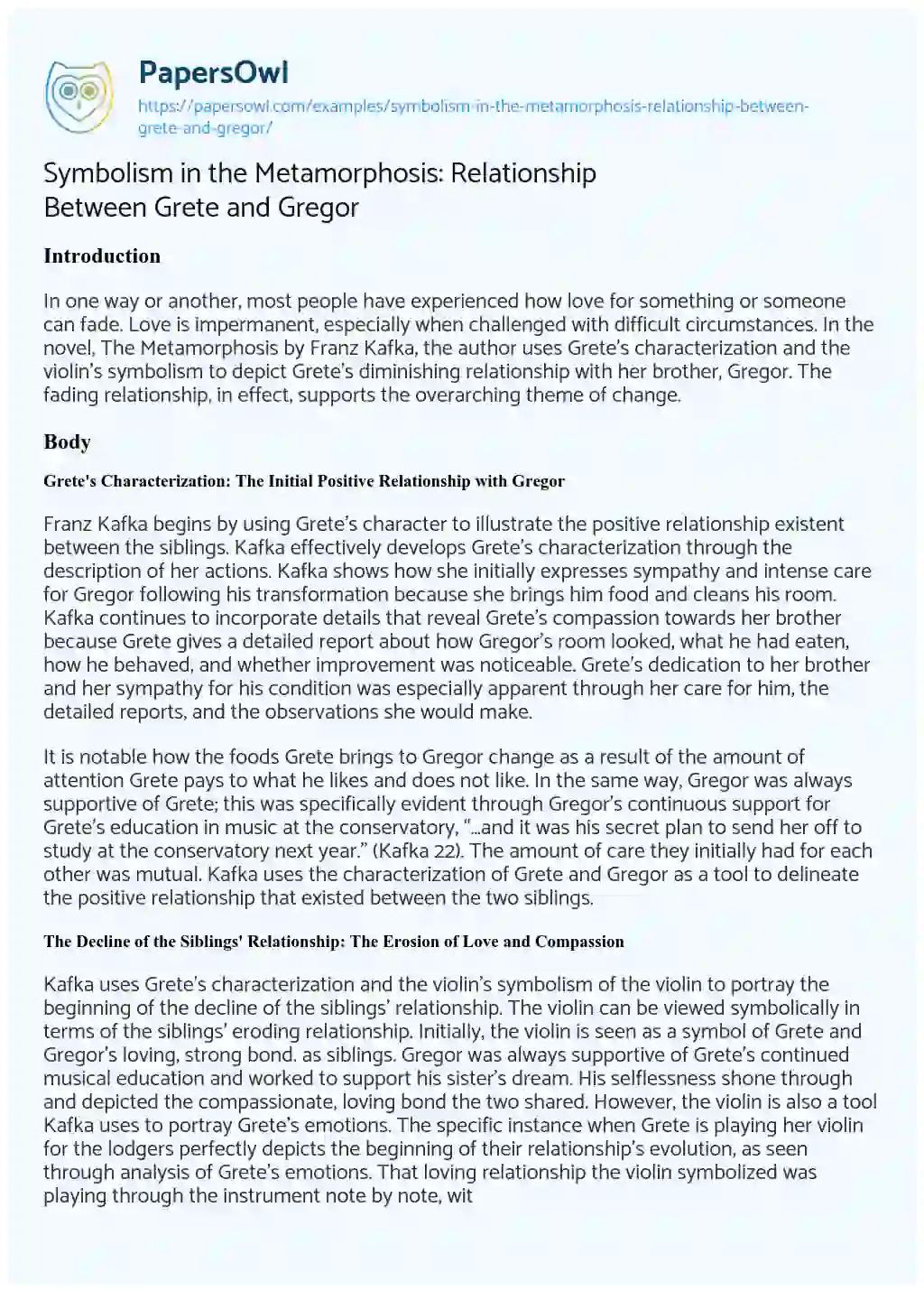 Essay on Symbolism in the Metamorphosis: Relationship between Grete and Gregor