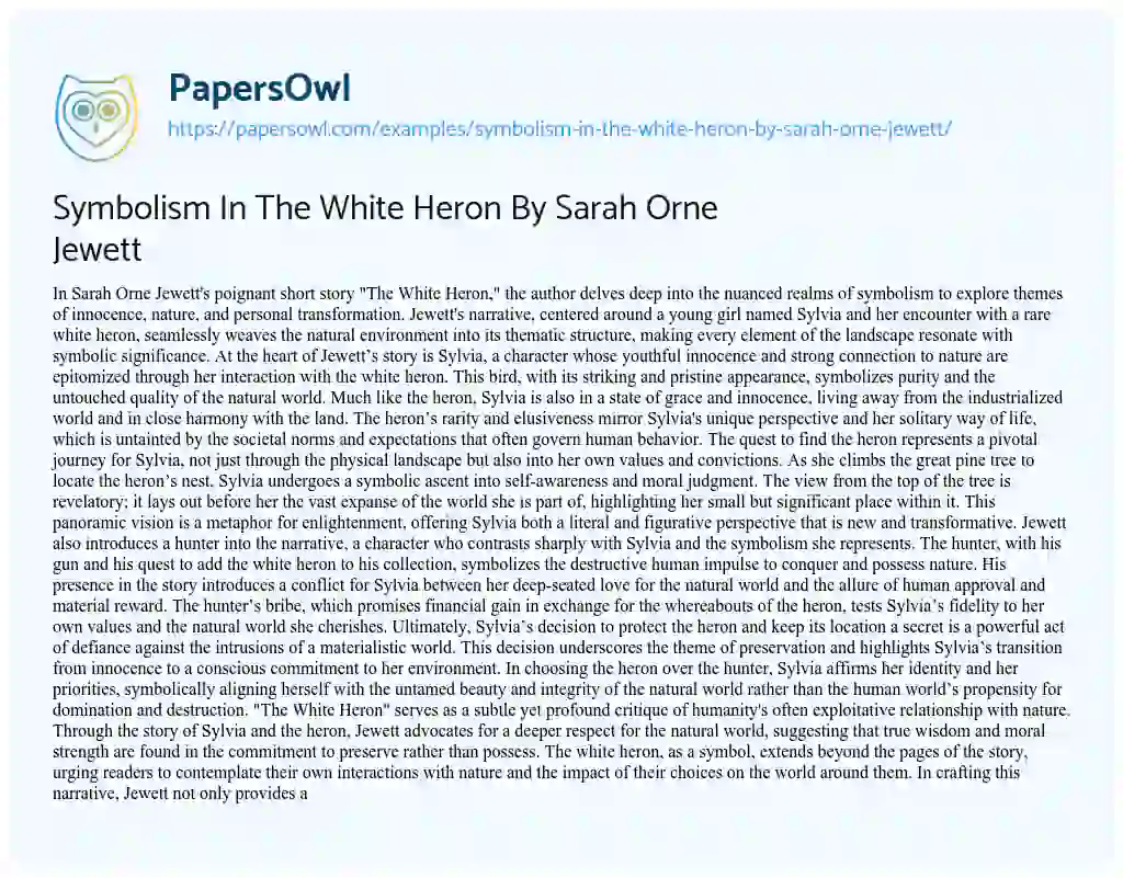 Essay on Symbolism in the White Heron by Sarah Orne Jewett