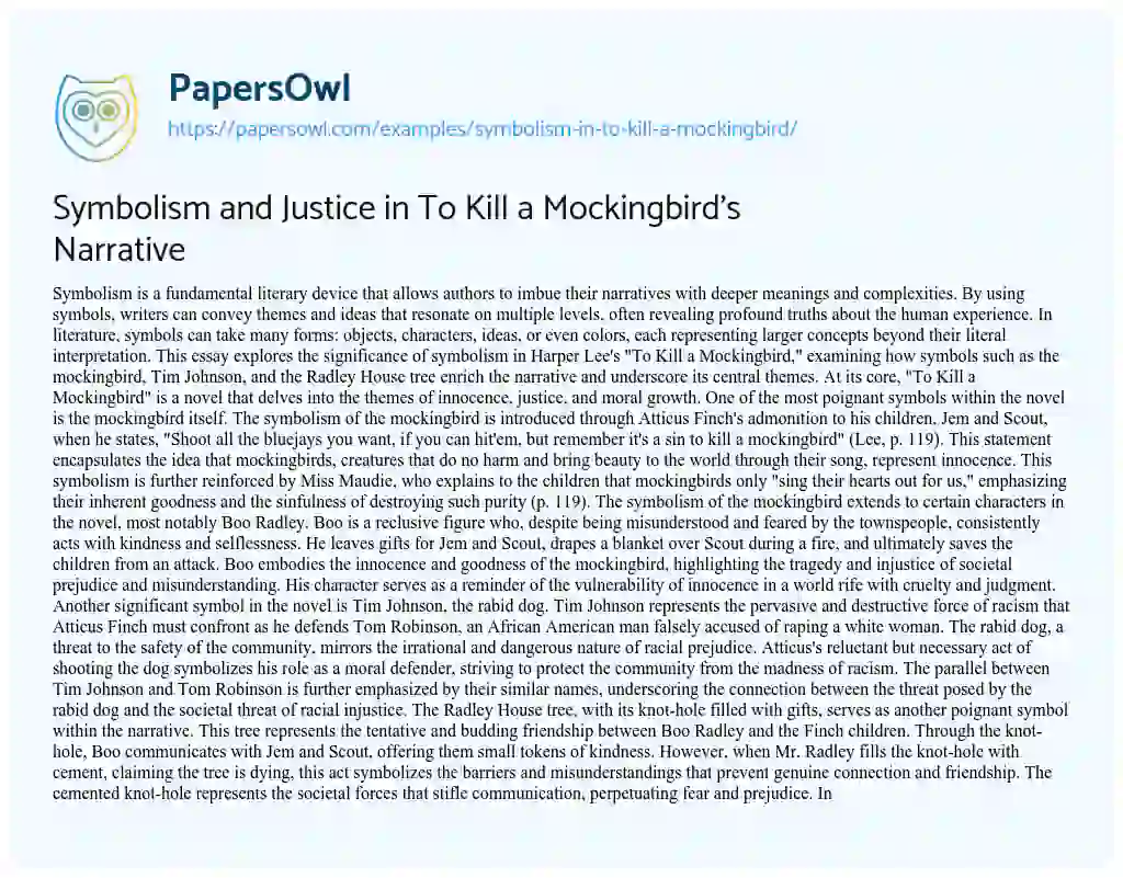 Symbolism In To Kill A Mockingbird Free Essay Example 992 Words 