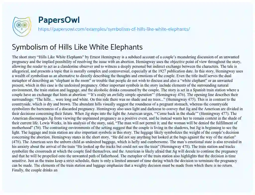 Symbolism of Hills Like White Elephants essay
