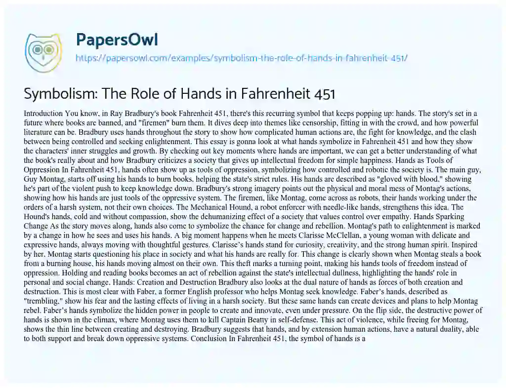 Essay on Symbolism: the Role of Hands in Fahrenheit 451