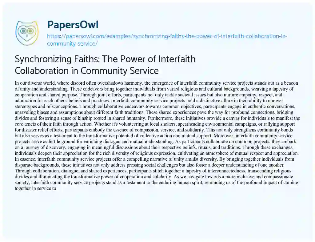 Essay on Synchronizing Faiths: the Power of Interfaith Collaboration in Community Service