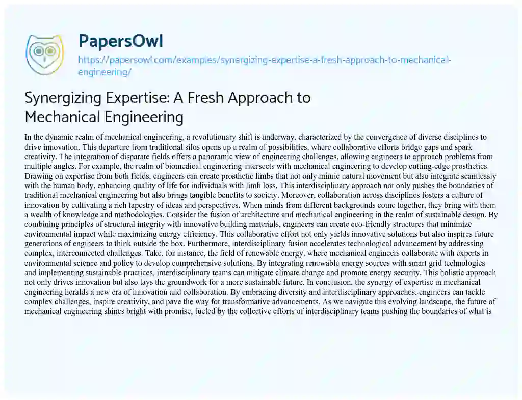 Essay on Synergizing Expertise: a Fresh Approach to Mechanical Engineering