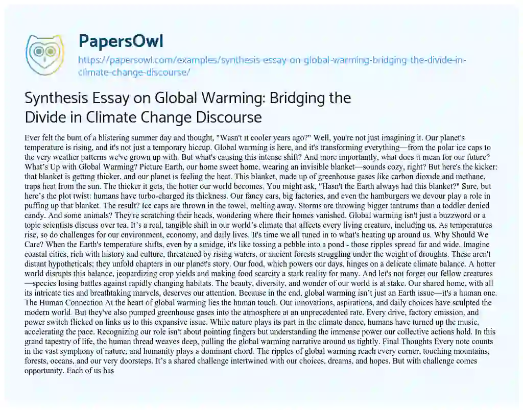Essay on Synthesis Essay on Global Warming: Bridging the Divide in Climate Change Discourse