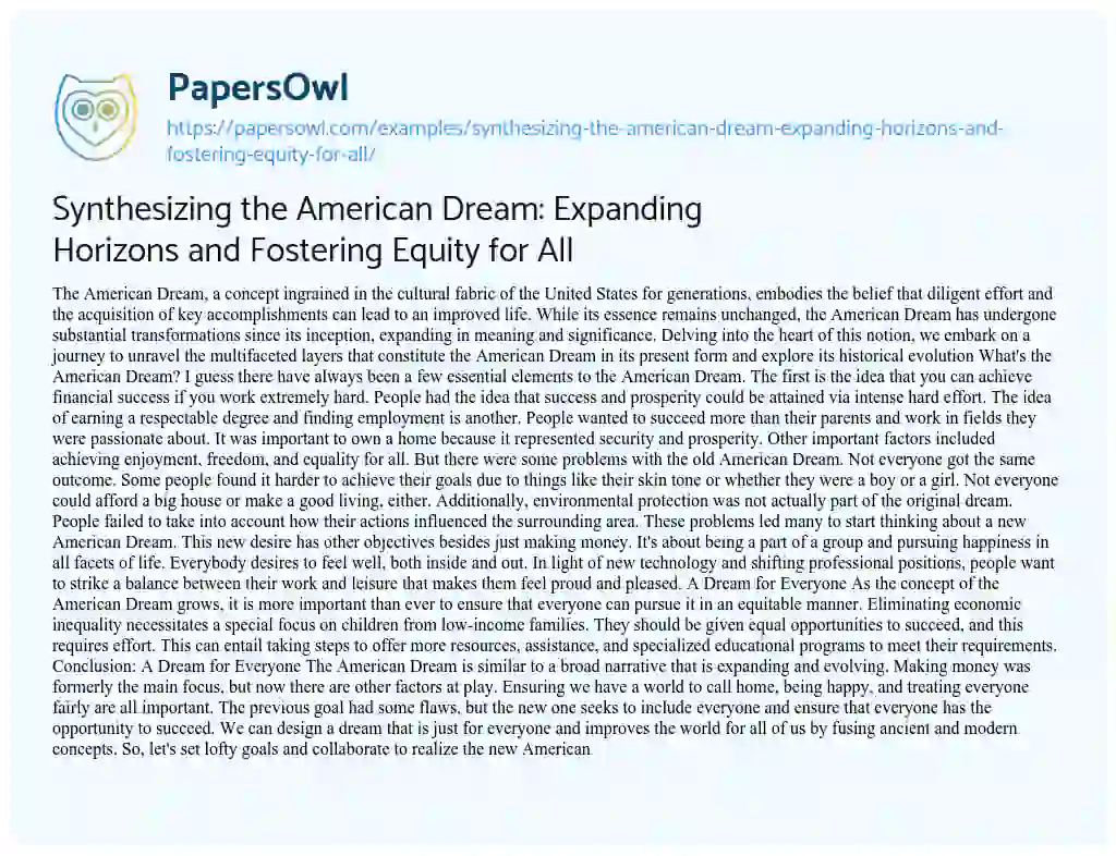 Essay on Synthesizing the American Dream: Expanding Horizons and Fostering Equity for all