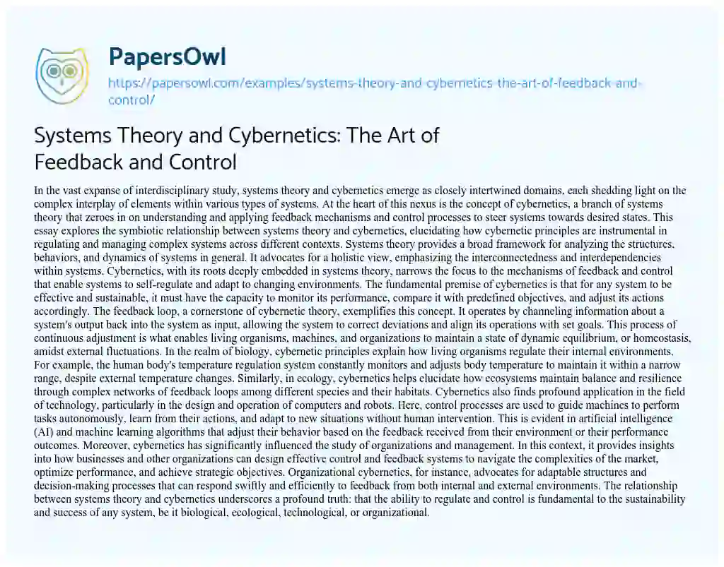 Essay on Systems Theory and Cybernetics: the Art of Feedback and Control