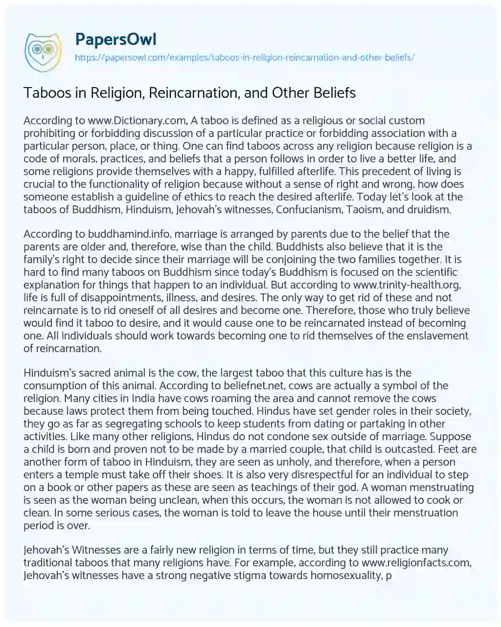 Essay on Taboos in Religion, Reincarnation, and other Beliefs